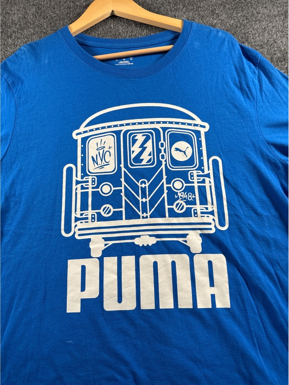 Puma Mens XL Blue NYC Subway Graphic T Shirt Train Logo Casual Tee
